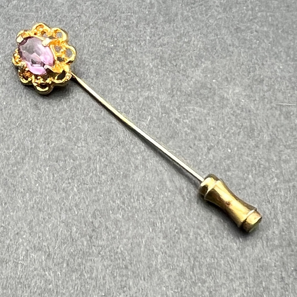 Vintage Stick Pin Amethyst Open Metal Work Purple Stone Flower Lapel Hat Pin